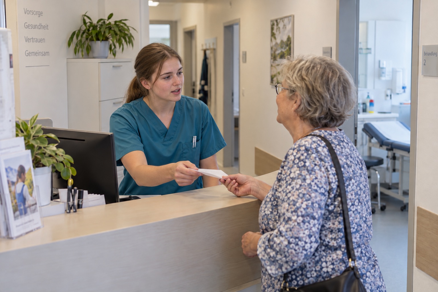 Eine MFA-Auszubildende übergibt einer Patientin an der Rezeption einen Terminzettel.