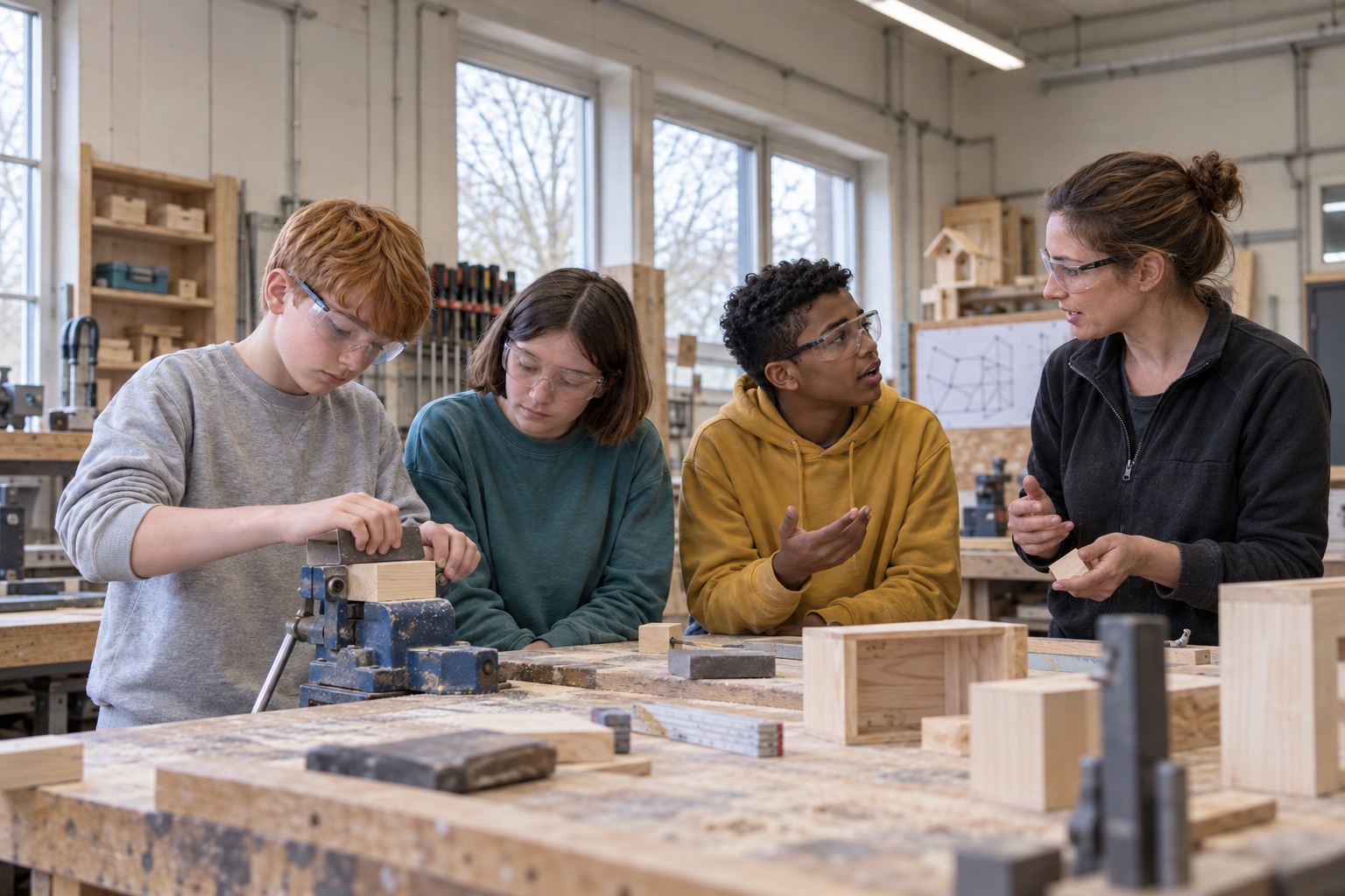 Ein Schüler schleift Holz, eine Mitschülerin schaut zu und ein weiterer Schüler fragt die Ausbilderin etwas.